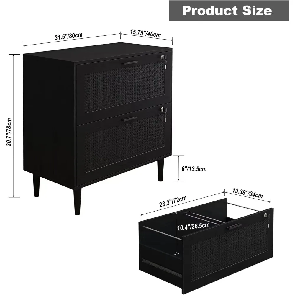 2 drawer file cabinet, lateral file cabinet with lock, rattan wood filing organization cabinet for home office, black