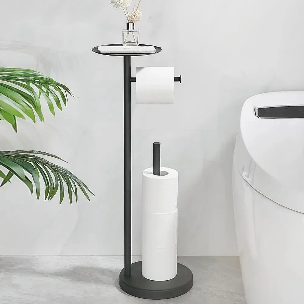 Floor Standing Toilet Paper Holder With Shelf Storage Stainless Steel Black Roll Paper Dispenser Bathroom Organization