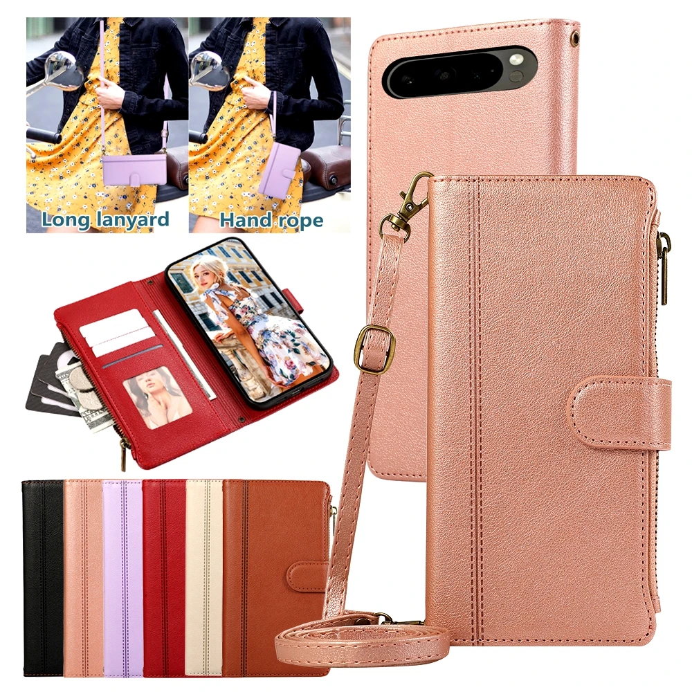 Crossbody Leather Wallet Case with Card Slots, Kickstand, Lanyard, and Zipper