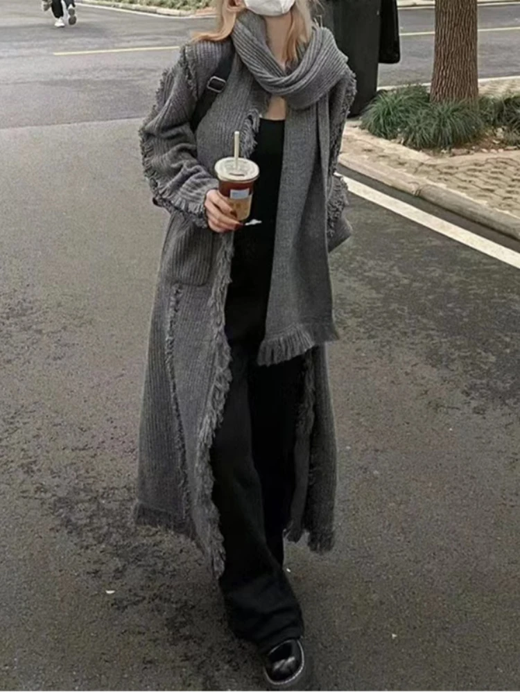 

Fashion Women Sweater Korean Autumn Clothes Winter Solid Fringed Knitted Cardigan Tops Long Cardigan Women Clothing Knitwears