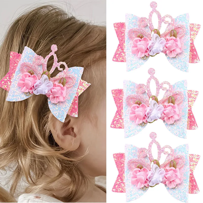 

Oaoleer New Crown Hair Bow Clip with Flower For Baby Girls Cute Glitter Bowknote Hairpin Barrettes Kids Headdress Accessories