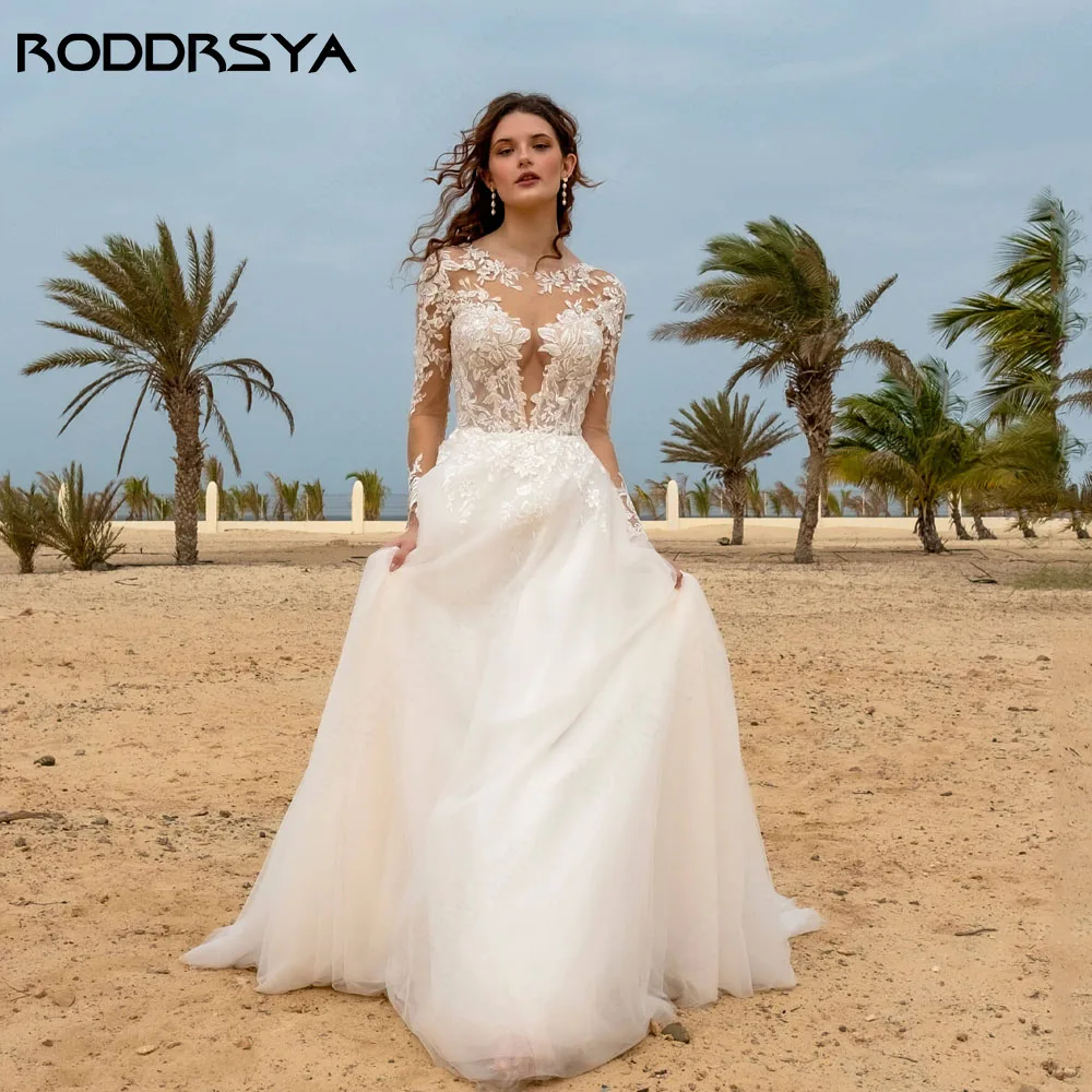 

RODDRSYA Beach Wedding Dresses For Bride Scoop Neck Long Sleeves Backless Applique Sweep Train A Line Bridal Gown Custom Made
