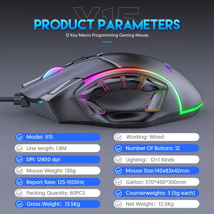 Peso Livre Macro Rgb Gaming Mouse 12 Teclas Programáveis Jogo Mouse Rgb Luz Max a Níveis para pc Mac Gun Pubg Laptop 12800dpi - Imagem 2