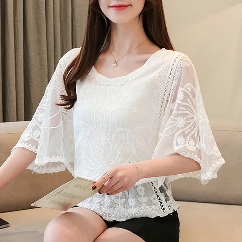 Women's Butterfly Flower Half Sleeve Shirt Elegant Fashion Chiffon Blouse Summer Lace O Neck Loose Shirt New 4073