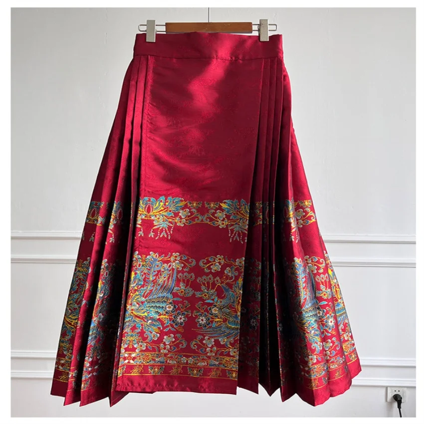 

2024 новый дизайн Новый китайский стиль ретро темпераментная Классическая Очаровательная Изысканная Золотая жаккардовая тканая атласная юбка с изображением лошади