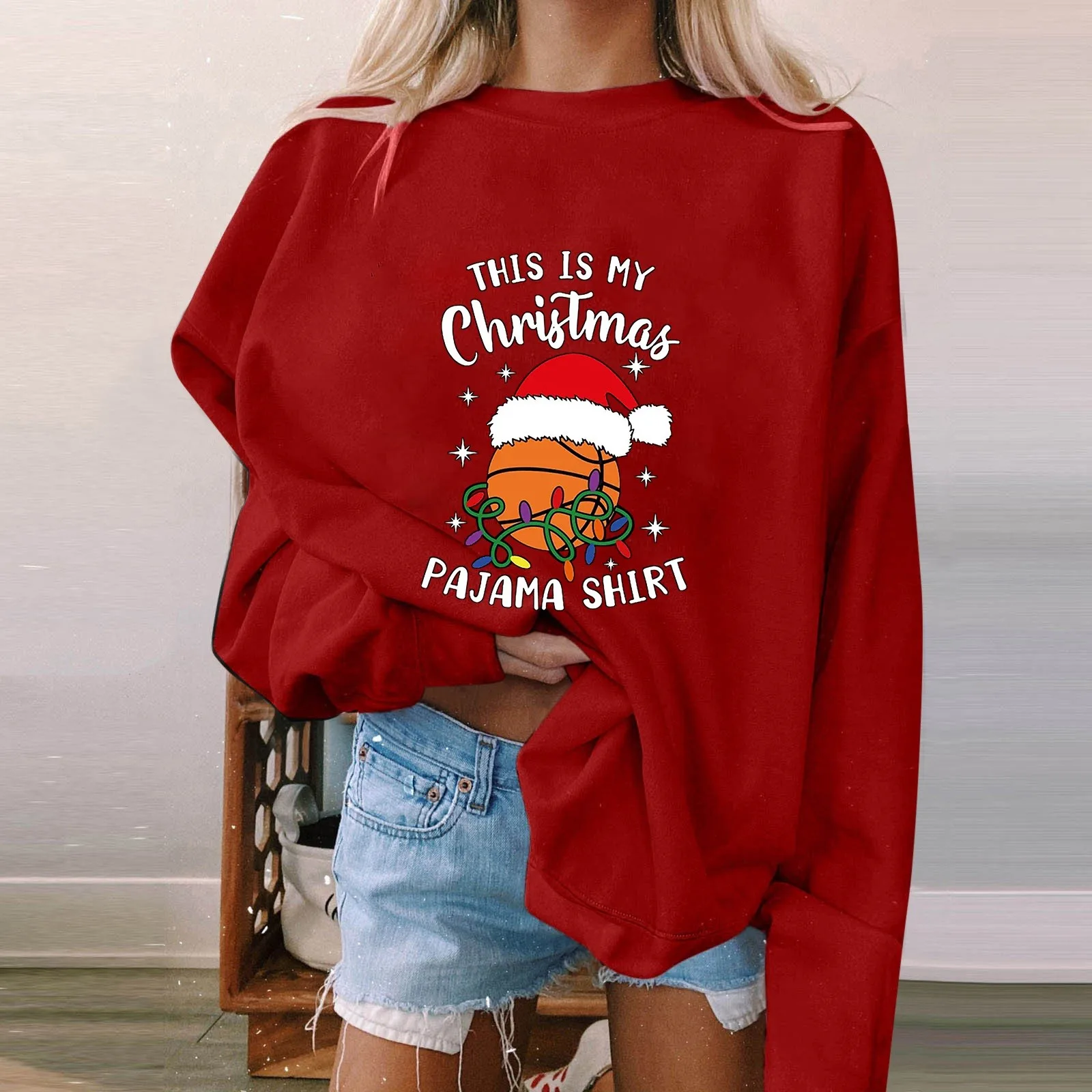 

Women Autumn And Winter Casual Fashion Christmas Basketball Print Top Long Sleeve Round Neck Pullover Sweatshirt