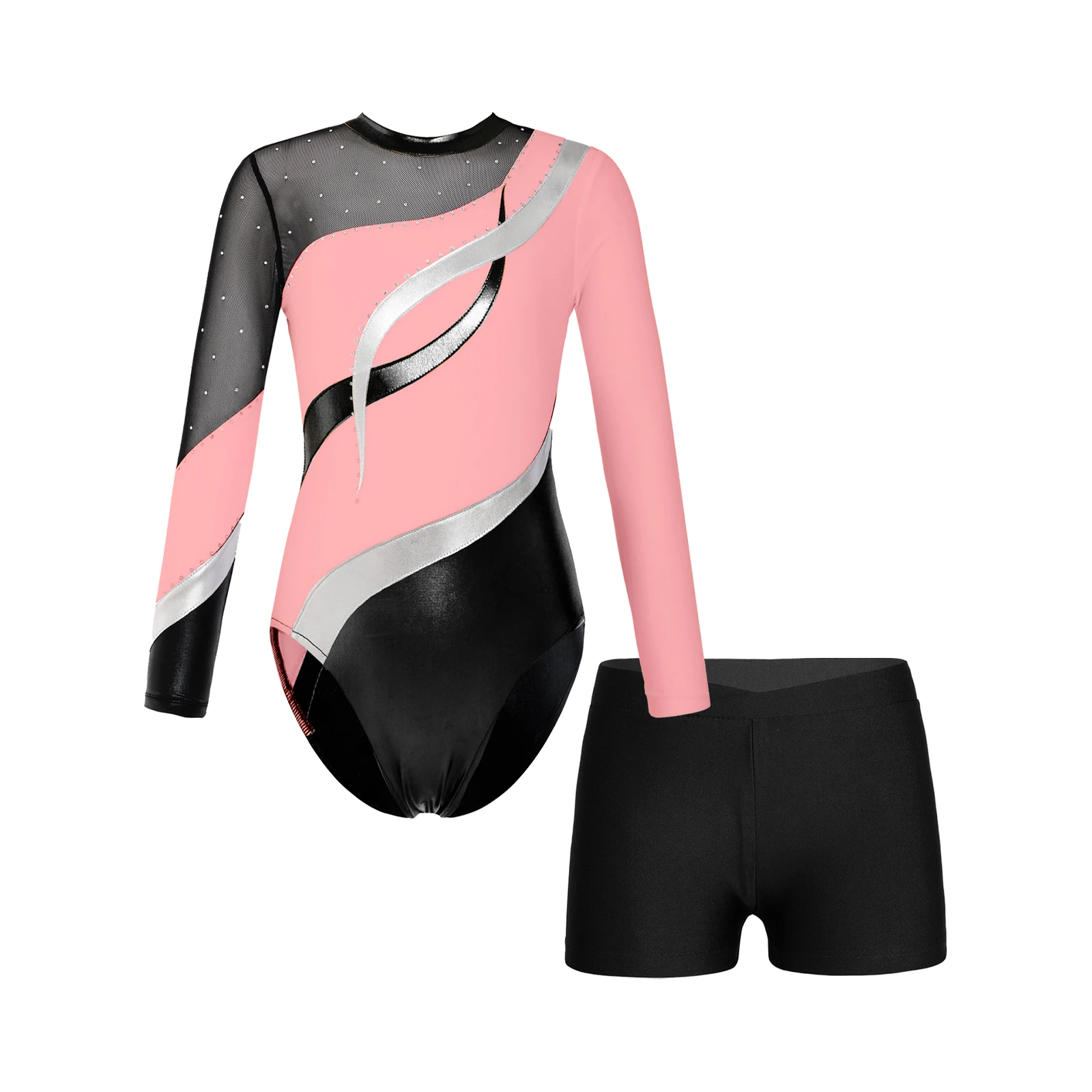thumbnail image 1 of Jersey de gimnasia para niñas con traje corto de baile de Ballet leotardo de manga larga con diamantes de imitación brillantes y pantalones cortos con cintura delantera en V, 1 of 5