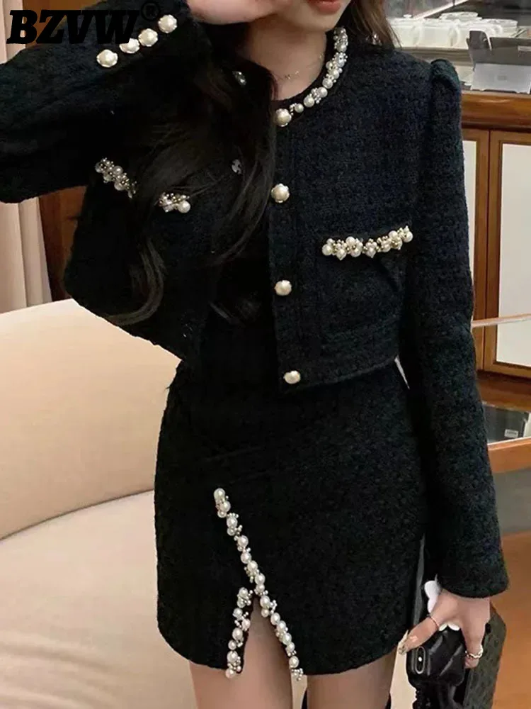 

BZVW Heavy Industry Pearl Buckle Woolen Short Coat Women 2023 New Trend Light Luxury Diamond Inlaid Tweed Top+Skirt Set 25X3749