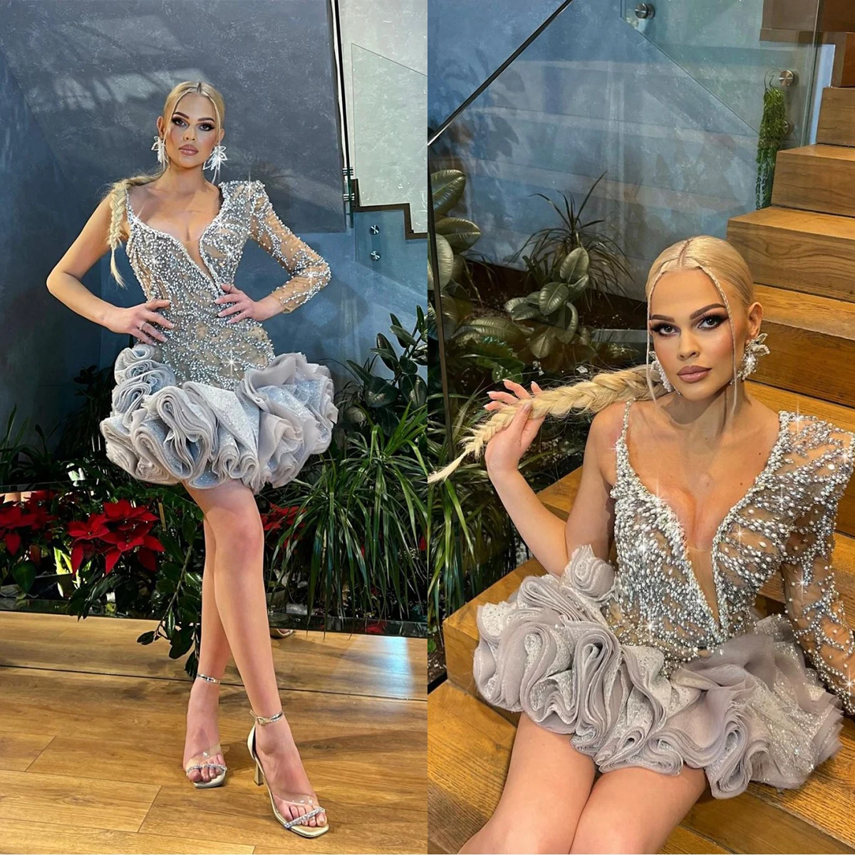 

Charming One Shoulder Mini Cocktail Dresses Deep V Neck Prom Dress Custom Made Beaded Tiered Ruffles Club Wear