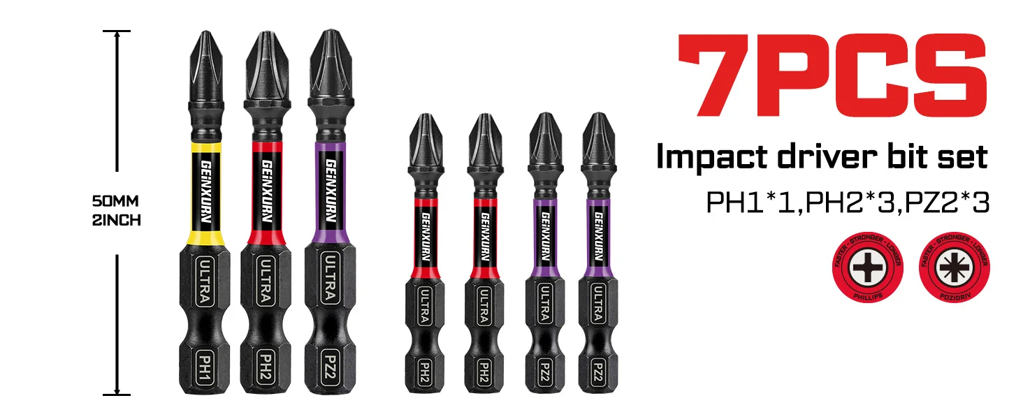Geinxurn 7-teiliges Schlagschrauber-Bit-Set, 2 Zoll Länge, PH1/PH2/PZ2 Bits, inklusive breitem Injektionskoffer für Heimwerker – Detail 2