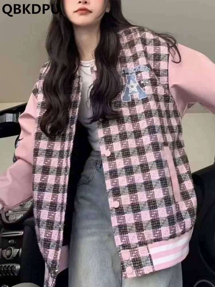 

Loose Appliques Patchwork Plaid Baseball Jacket Casual Big Size Women Streeteat Coat Fashion Ceketler Korean Student Chaquetas