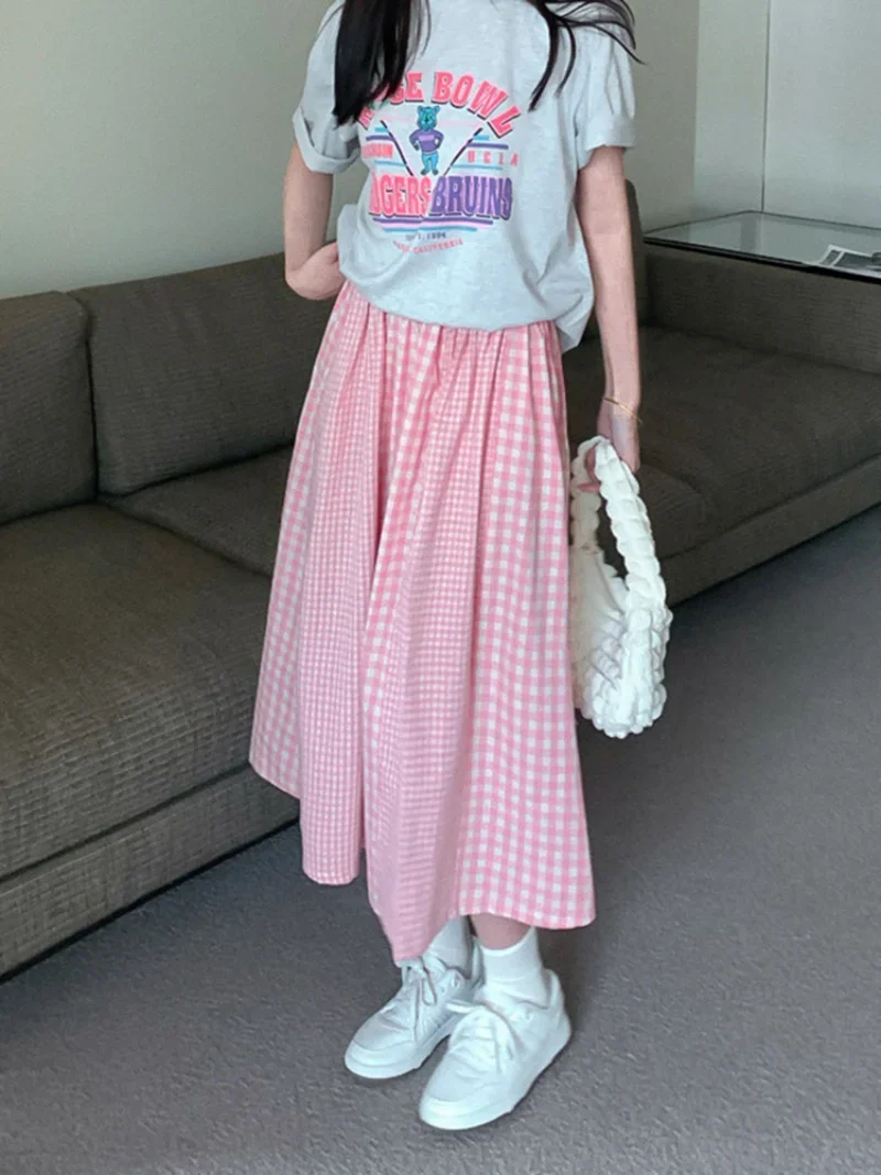 Gaodinglan Vintage Sweet Pink Plaid Print High Waist Women Skirt Summer Korean Versatile A Line Blue Splice Long Skirts Female