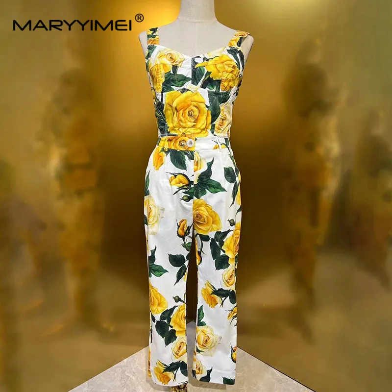 

MARYYIMEI Fashion Women's New Woven Cotton Spaghetti Strap Shirt Collar Sleeveless Short-Sleeved Top+Wide Leg Pants 2-Piece Set