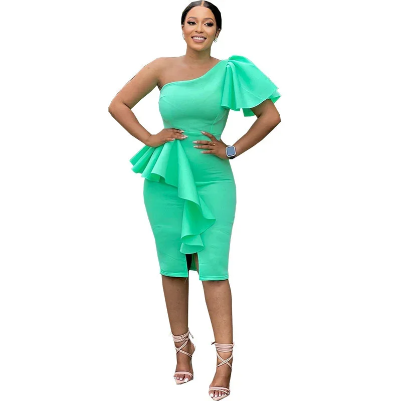 Robe de soirée mi-longue à volants pour femme, tenue de soirée sexy, couleur verte, taille haute, péplum, tambour, midi, crayon, africaine, quelle que soit, été, 2023