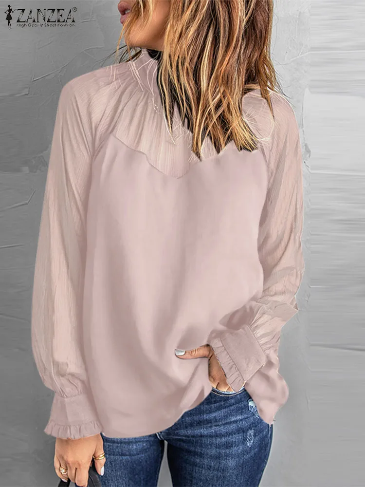 

ZANZEA 2023 Long Sleeve Top Tunic Women High Collar Blouse Autumn Fashion Solid Color Pleated Blusas Casual Mesh Commuting Shirt