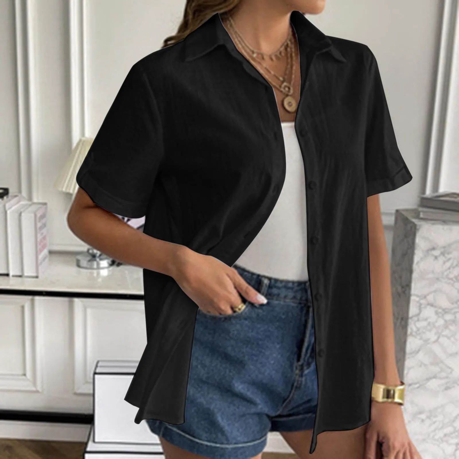 

Women's Blouse Cotton Beach Shirt Summer Tops Casual Cover-ups Midi Dresses Fashion Solid Loose Tunics Female Button Shirts