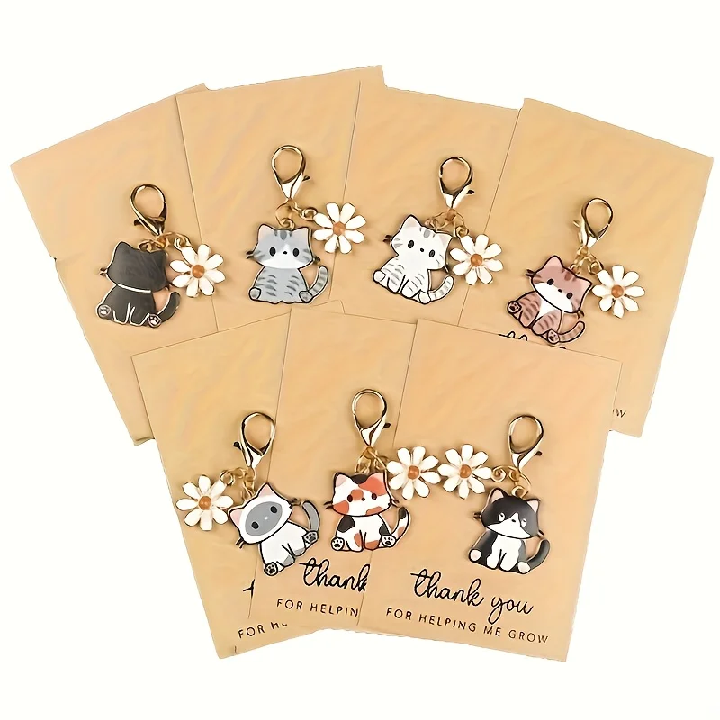 7-teiliges Katzen-Schlüsselanhänger-Set mit Inspirationskarte „Danke“, modisches Schlüssel- und Taschenaccessoire – ein besonderes Geschenk für Familie und Freunde – Detail 2