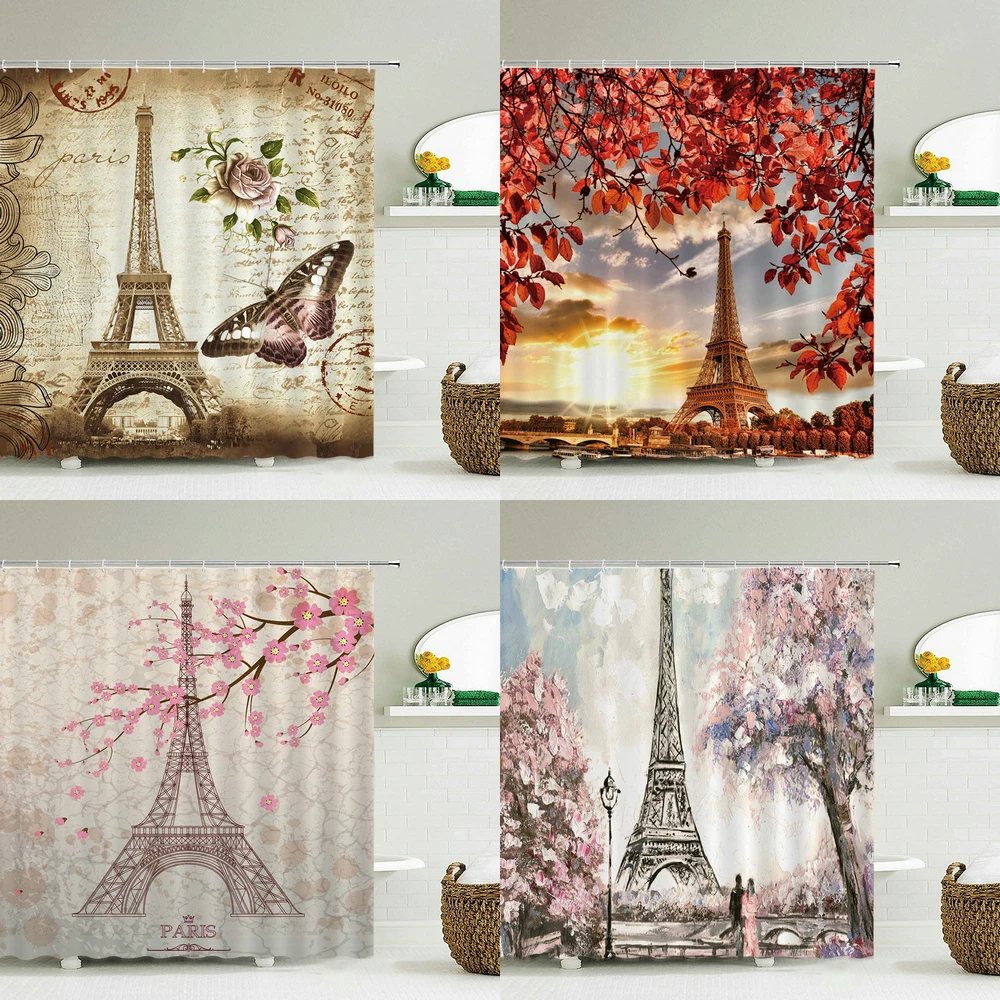 

Europe Retro Style Paris Tower landscape Printed Shower Curtains Bathroom Waterproof Frabic Bath Curtain With Hooks 180x180cm