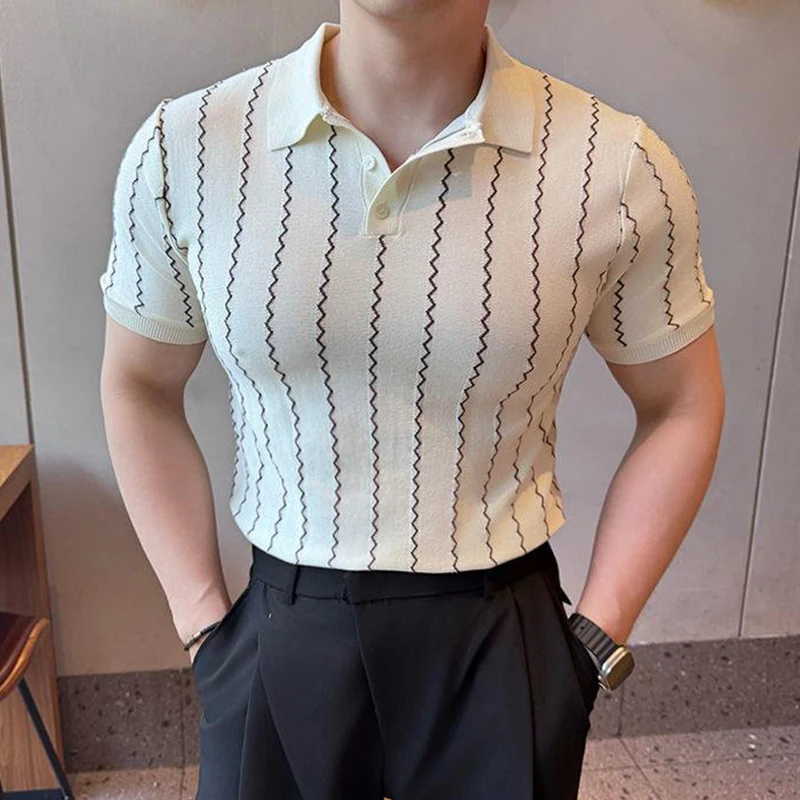 2025 Spring Summer New Casual Mens Polo Shirt Vintage Striped Crochet Buttoned Polo Neck Knit Tops Men Fashion Slim Fit Polos 9 S3a2d2004c46d40e990ef9c73b428b0b7v