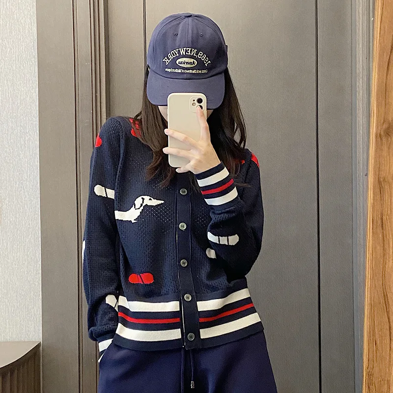 

TB Puppy Jacquard Cut-out Cardigan Spring and Summer New Color Contrast Round Neck Long-sleeved Wool Sweater Coat Woman