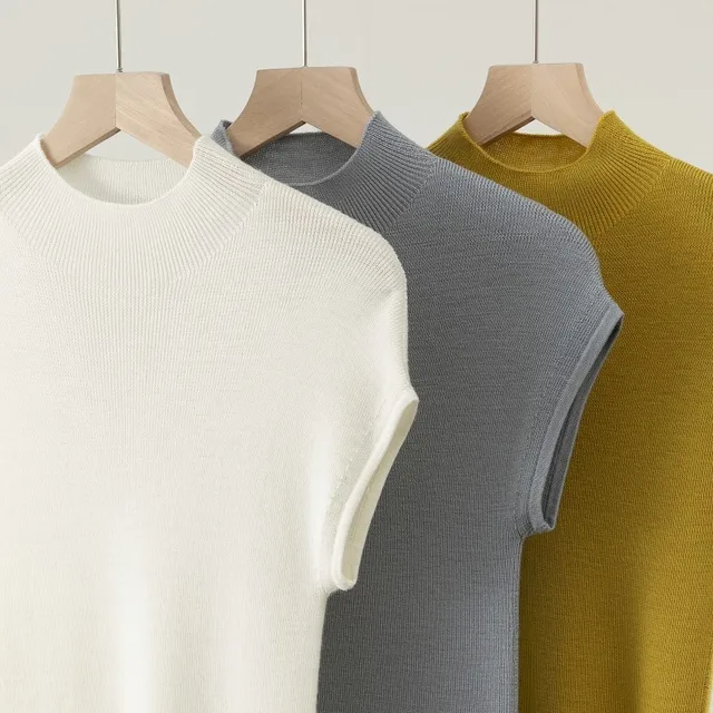 Fine-Spun 100% Superfine Merino Wool Half-High Collar Shoulder-Covering Sleeve Knit Vest for Women, Thin Sleeveless Base Sweater for Layering, Trendy 1