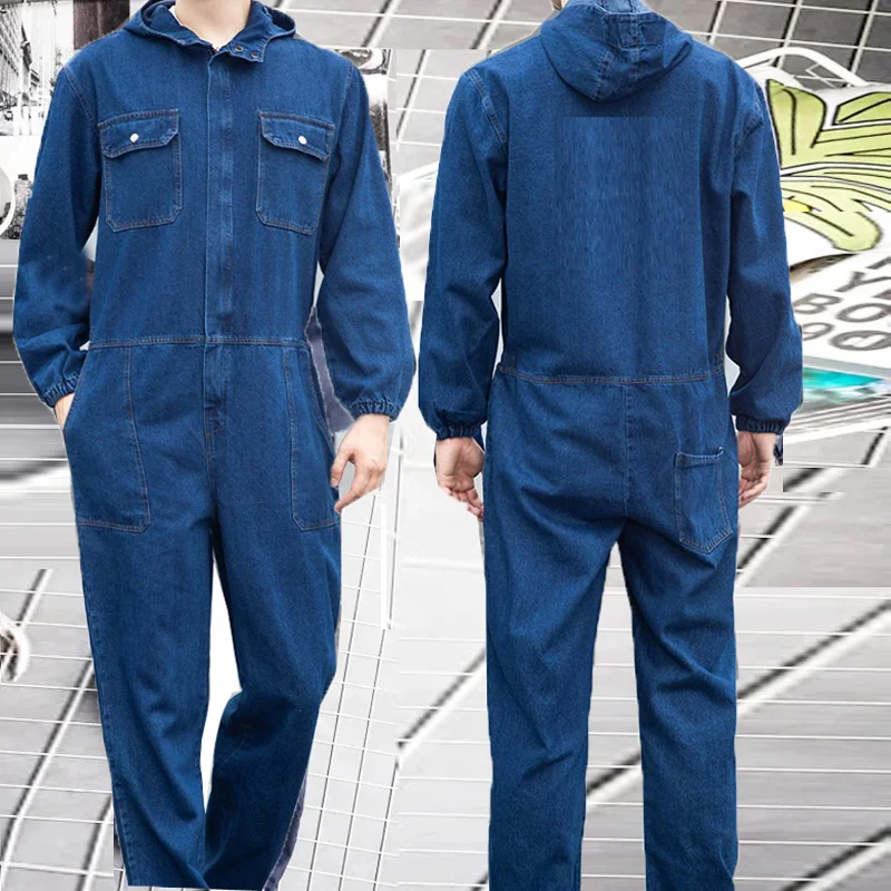 

Denim Coveralls Electric Welding Suit Labor Insurance Clothes Auto Repairman Workwear Hooded Overalls 170/175/180/185/190cm 4XL