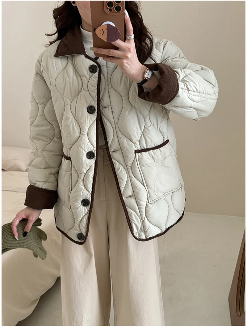 Short Down Cotton Jacket Women 2025 New Contrasting Color Lapel Diamond Grid Lightweight Loose Cotton Clothes Female Outerwear