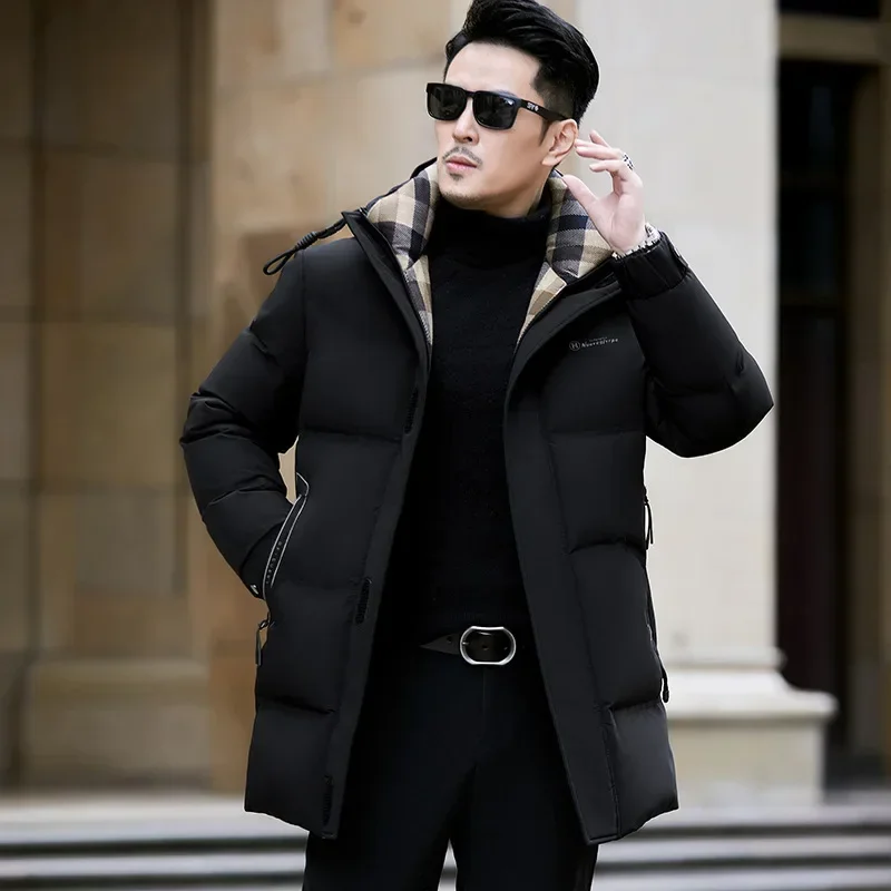 2023 men's new thickened warm down jacket mid length business hooded casual