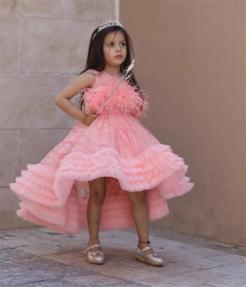 

Flower Girl Dress Pink Tassel Tulle High-low Dress Sparkle Wedding Elegant Flower Child's First Eucharistic Birthday Party Dress