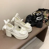 Women's High Heels 2024 High Quality Square Heels Mary Jane Bow Round Toe Buckle Dress Party Women's High Heels Chaussure Femme 1