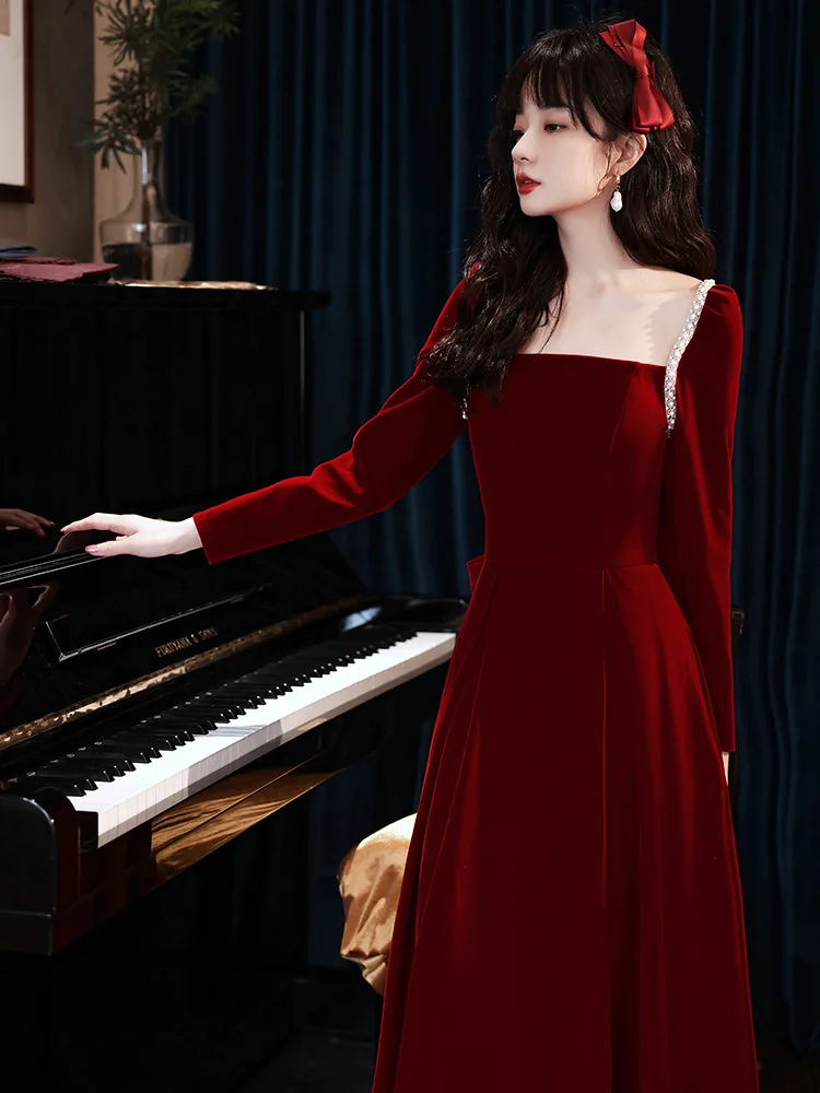 

Vintage Wine Red Long Sleeve Quinceanera Dress Women 2023 New Spring Style Square Neck Engagement Velvet Evening Dress
