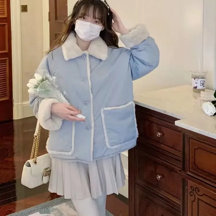 Lamb velvet cotton coat for women 2023 new winter Korean version loose plus velvet thickened double-sided cotton coat for women