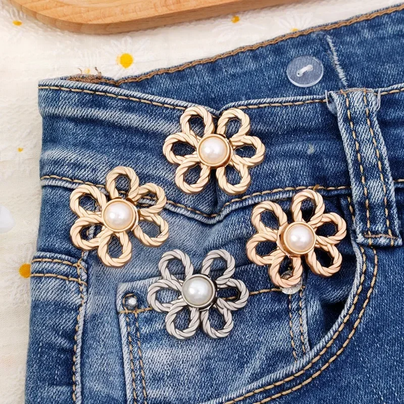 2pairs Silver Six-petal Flower Adjustable Waist Buckle For Jeans