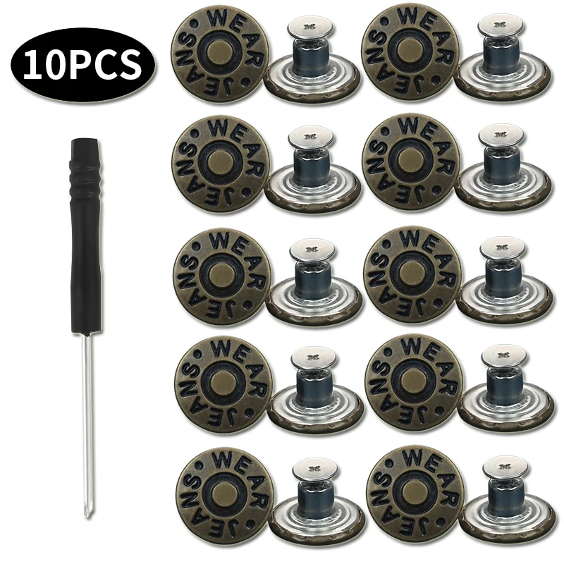 10pcs Detachable Jeans Buttons Adjustable Free Waist Retro Metal Button No  Sewing Pants Buckles Screw Nail Repair Kit Send Tools