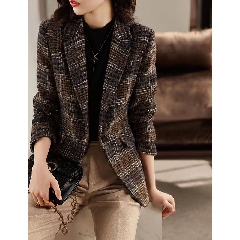 Autumn Winter Women's Vintage Plaid Printing Casual Fashion Blazers Female Slim All-match Woolen Jacket Ladies Elegant Coat Suit