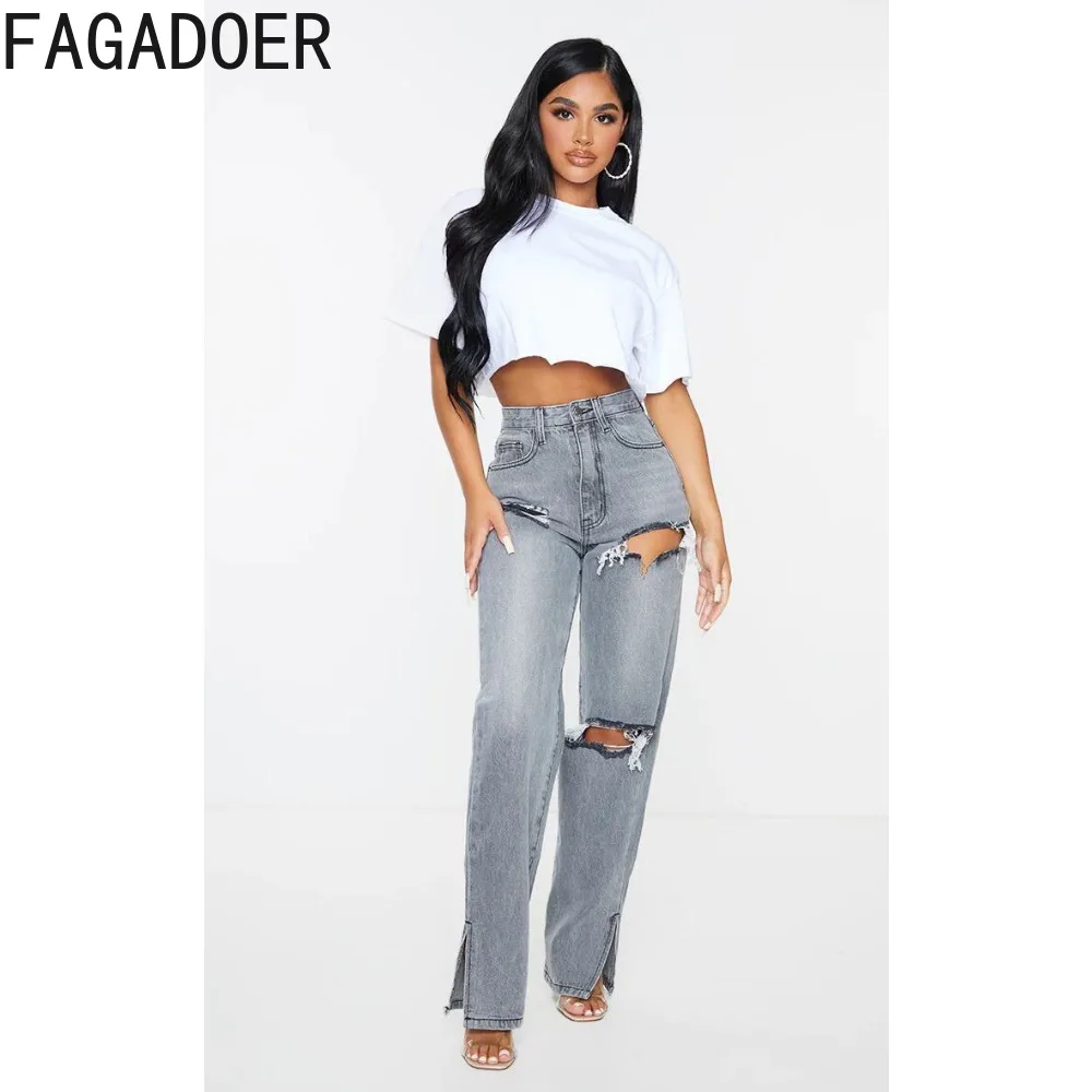 FAGADOER Gray Casual Hollow Hole Straight Denim Pants Women High Waisted Button Loose Trousers Fashion Bottoms Streetwear 2023