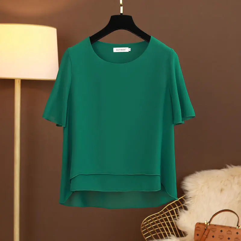 

2022 New Summer Women Blouse Loose O-Neck Chiffon Shirt Female Solid Color Short Sleeve Tops Oversized 6XL Shirts Womens Blouses