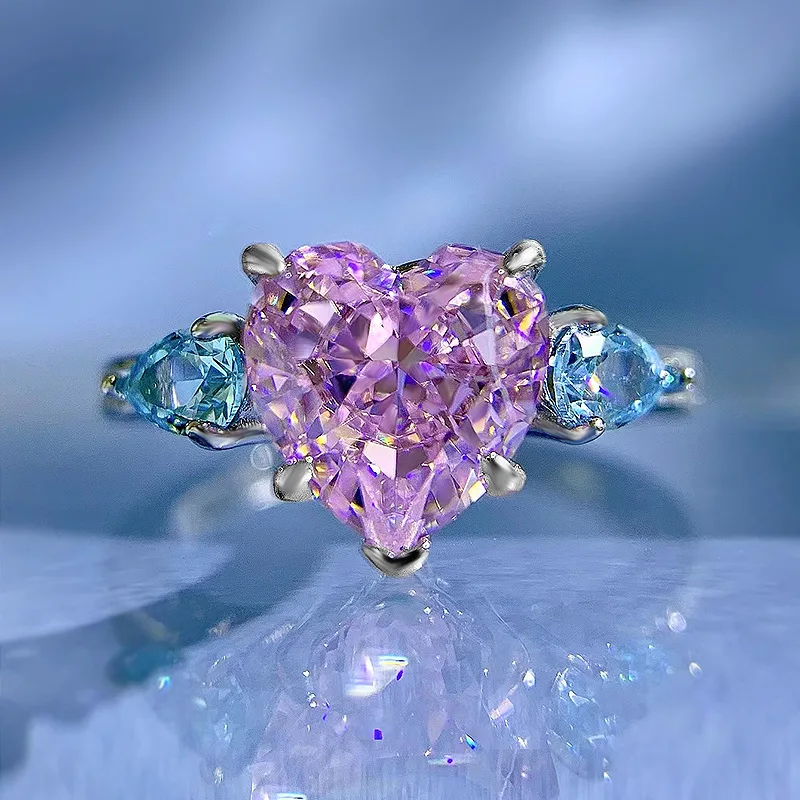 

S925 Silver Pink Blue CP 8 * 8 Heart shaped Love Pink Diamond Ice Flower Cut European and American Instagram Style Wholesale
