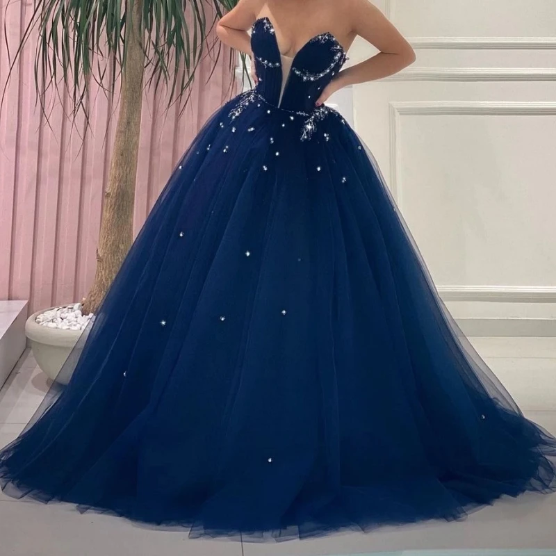 

Elegant Saudi Arabic Navy Blue Prom Dresses Women Crystal Ball Tulle Skirt Party Vestido De 15 Anos Quinceanera 16 Year Girls