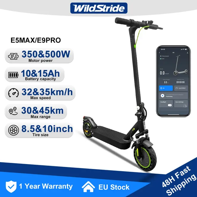 Trottinette électrique Wildstride, moteur puissant 350W/500W, 30 & 45 km d'autonomie, batterie 15Ah, pneus de 10 pouces, vitesse 35 km/h, pliable, application intelligente, trottinette électrique pour adultes E5max 1
