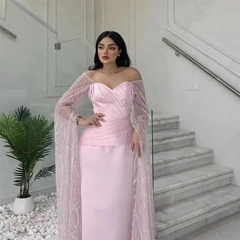 

Pink Satin Sweetheart Mermaid Prom Dresses Ruched Shiny Long Jacket Sleeve Off Shoulder Formal Evening Dress Arabia Party Gown