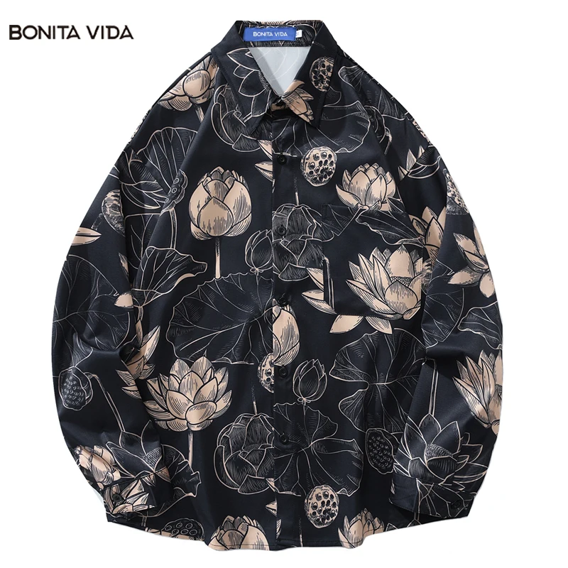 

Long Sleeve Shirt Men 2023 Summer Retro HK Wind Flower Lotus Leaf Print Y2K Hip Hop Couple Hawaiian Beach Shirts Fashion Tops
