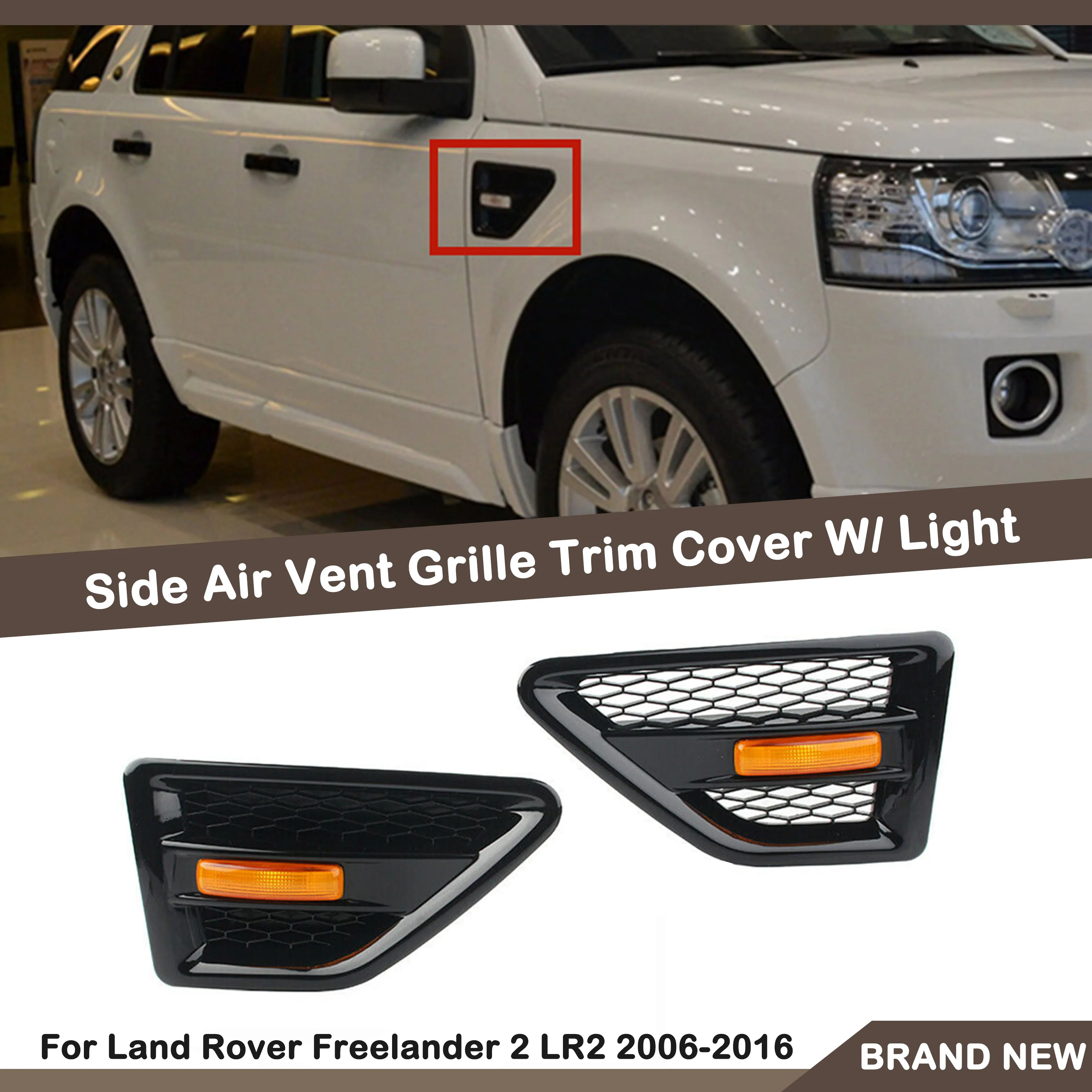 

2PCS Car Side Air Flow Vent Fender Outlet Grille Cover Trim W/ Lamp Front Hood Intake For Land Rover 2006-2016 Freelander 2 LR2