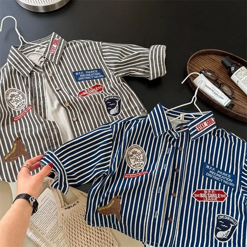 4034 Children Shirt Autumn Korean Embroidered Boy's Shirts Coat Cartoon 1-7Year Girl's Blouse Tops