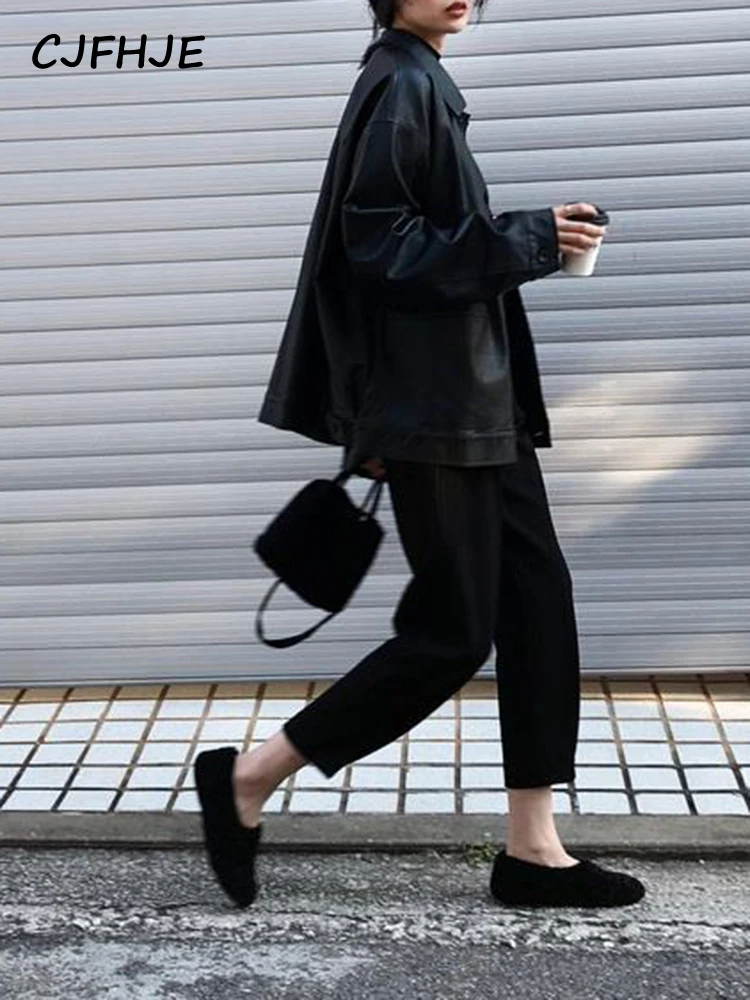 CJFHJE Black Winter Leather Jacket Women Korean Loose Thin Moto Jacket Female Autumn Fashion Streetwear Lady Outerwear Coats