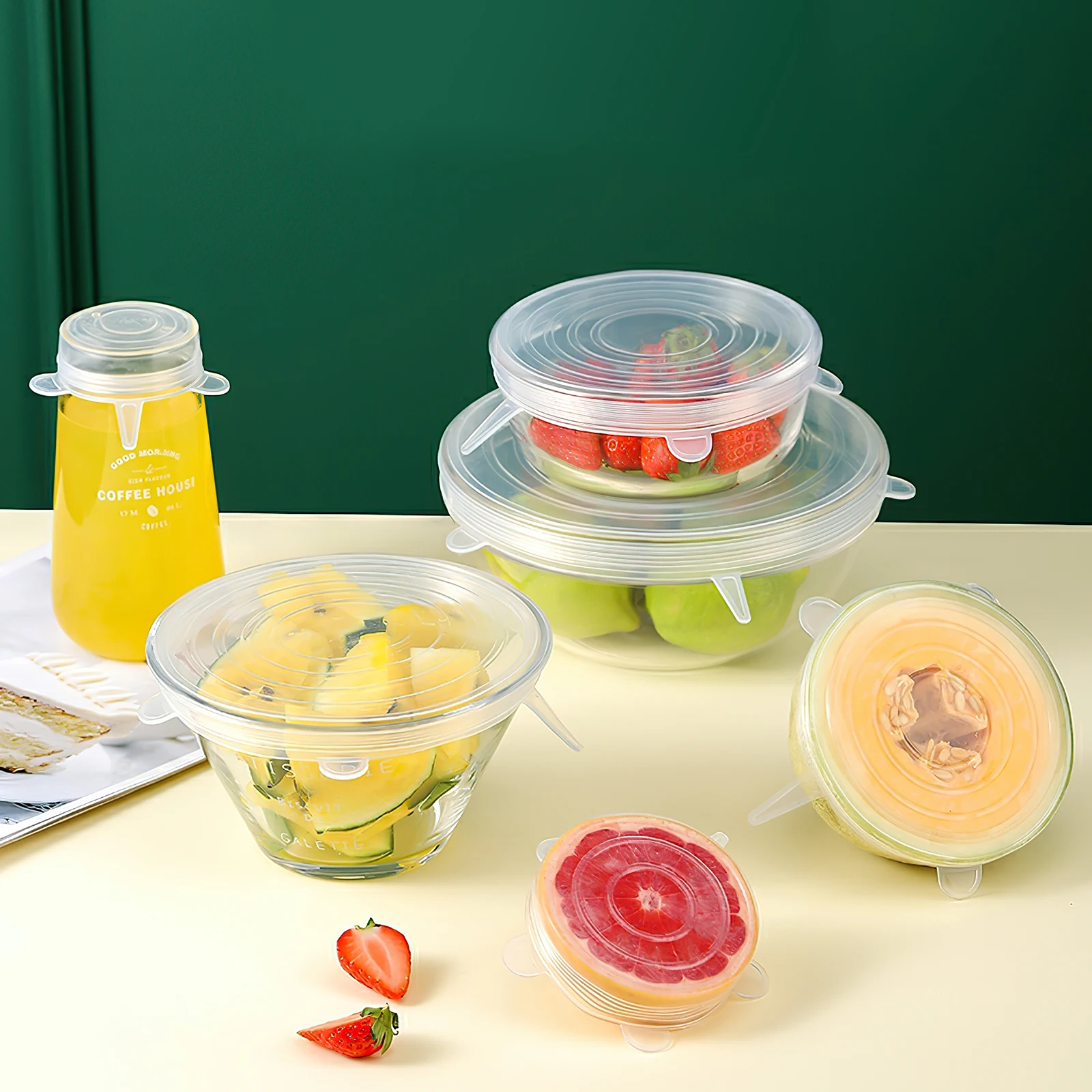 6Pcs Food Grade Silicone Preservation Cover Reusable Airtight Food Universal Dish Stretch Round Lids For Kitchen Accessories