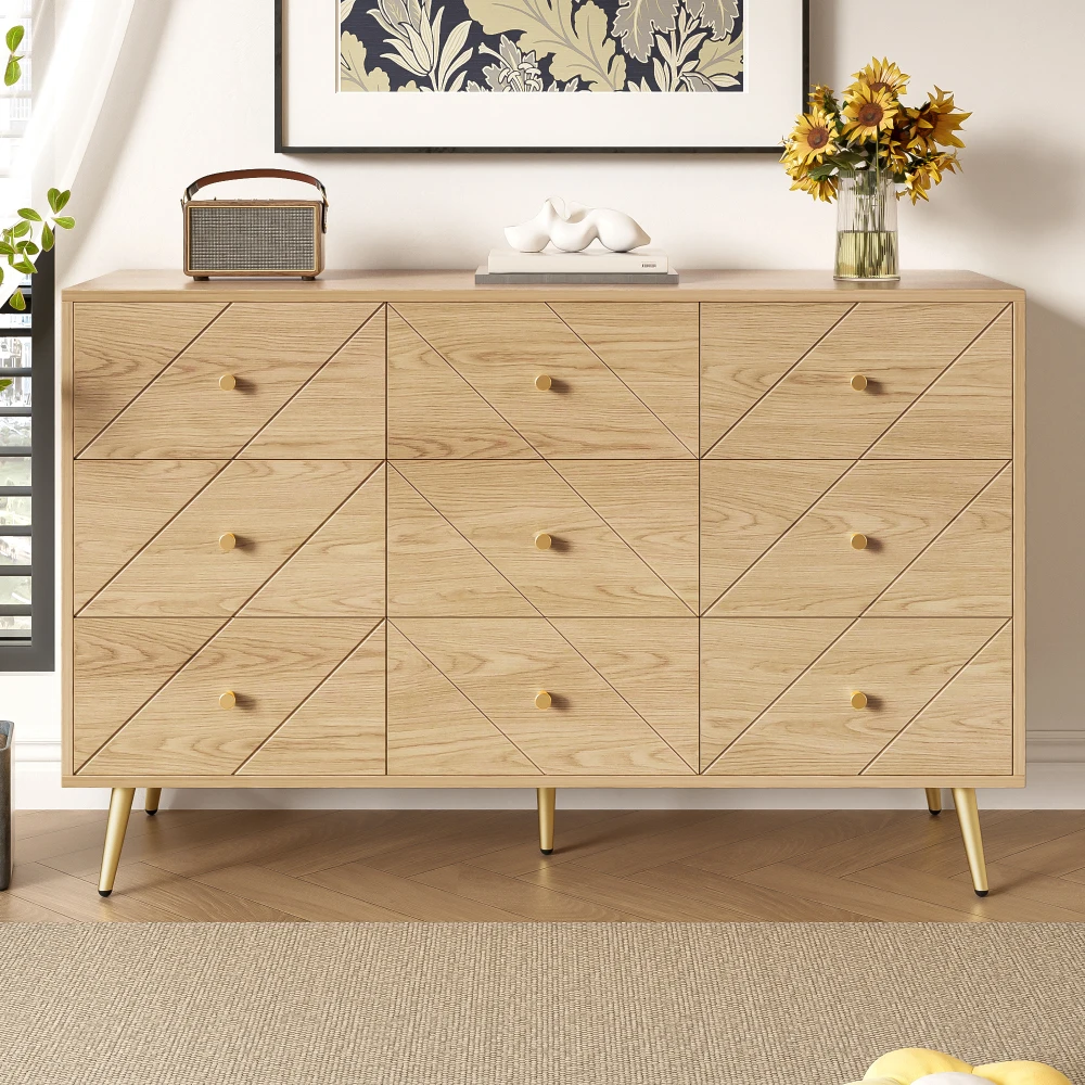 PINGGO Moderner Schrank mit neun Schubladen, stilvoller Aufbewahrungsschrank mit Eisenbeinen, geeignet für Schlafzimmer, Wohnzimmer und Flur – Detail 3