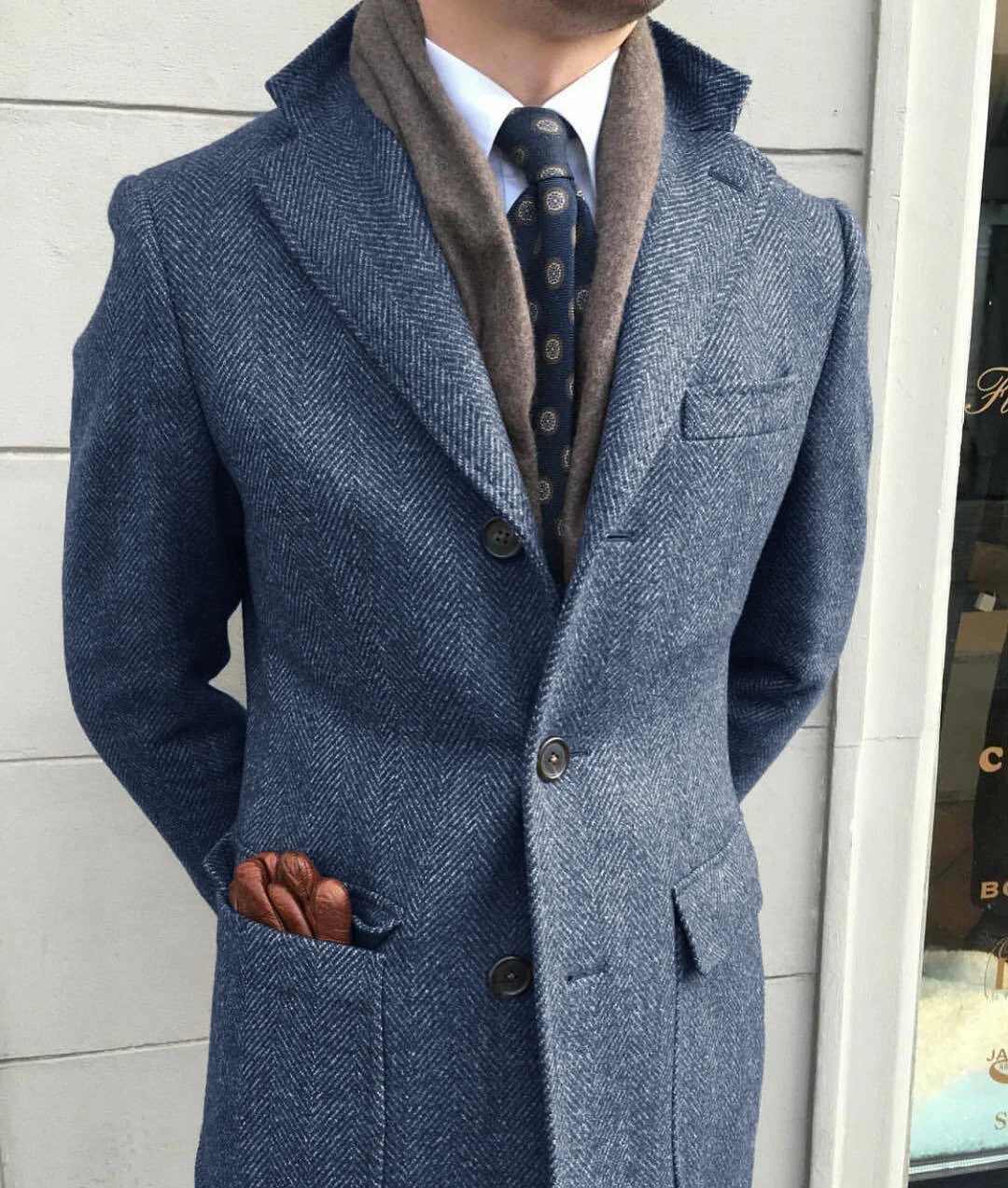 Men's Windbreaker Classic Herringbone Tweed Wool Blend Suit Jacket Winter Warm Long Coat Outdoor Sports Coat erkek mont 5