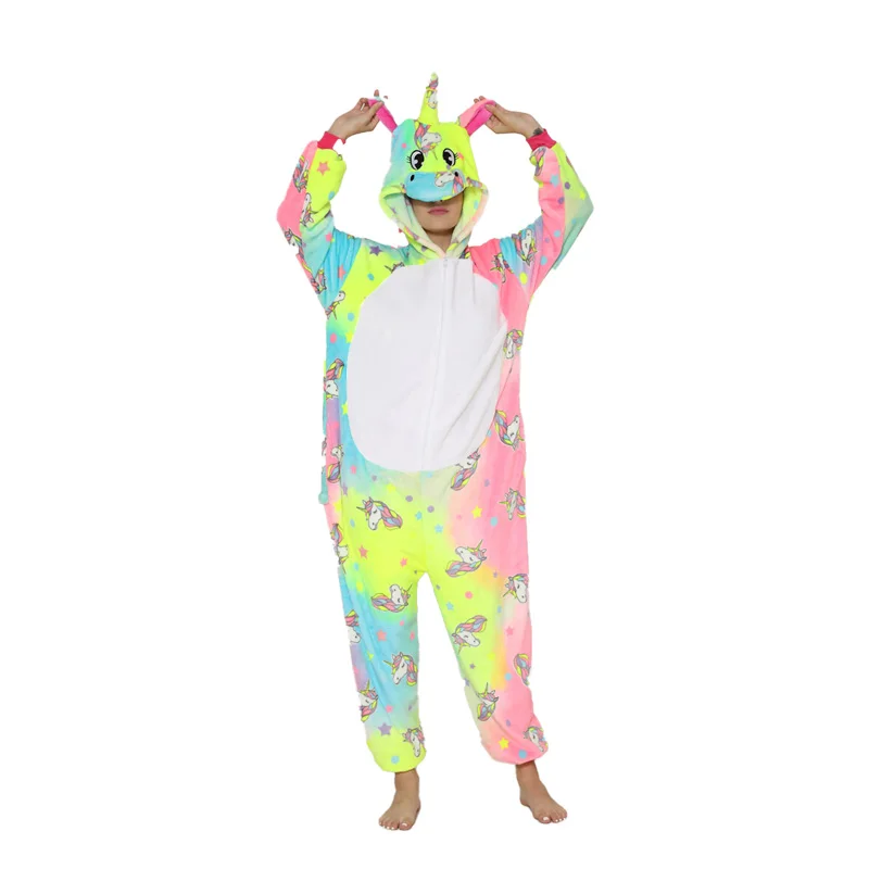 For Adult Rainbow Sleepwear Halloween Cosplay One Piece Pajamas Nightgowns Hooded Long Sleeve Thicken Casual Jumpsuit Tail