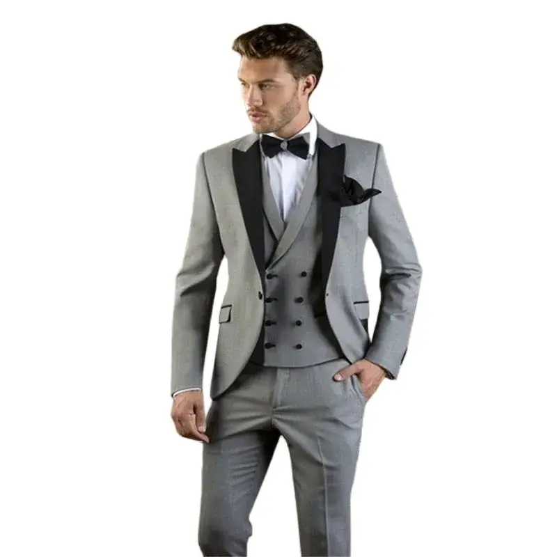 

Grey Mens Slim Fit Wedding Tuxedos 3 Pieces Black Peaked Lapel Mens Formal Suit Set One Button Gentleman Smokings Blazer